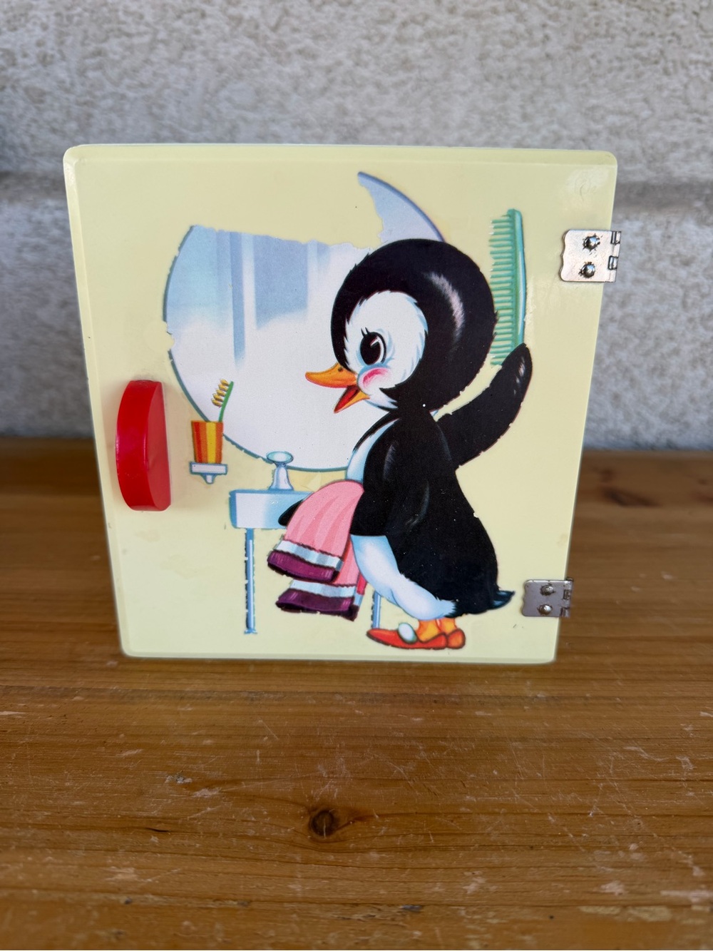 Cream Penguin Bird Toy Box with Red Handle door